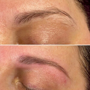 A before and after image of a woman's eyebrow after a waxing treatment. The before image is of the woman's eyebrow with many stray hairs. The after image shows the eyebrow with stray hairs removed.